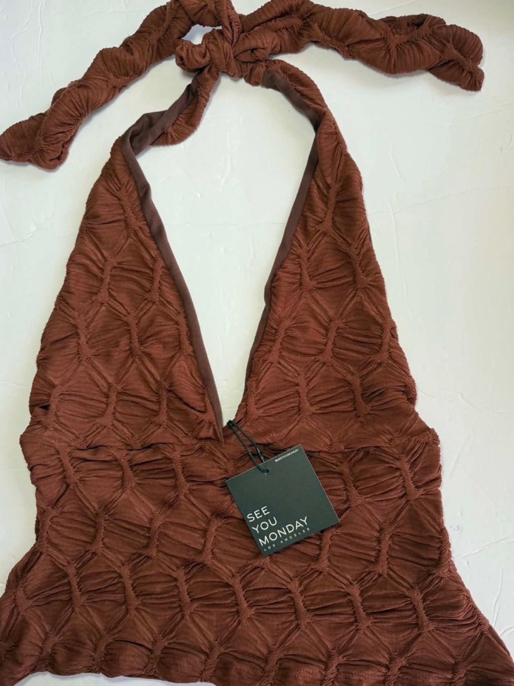 See You Monday Chocolate Brown Textured Halter Top. NWT. Sz. Large